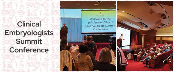 Banner with text "Clinical Embryologists Summit Conference" and photos from past events.